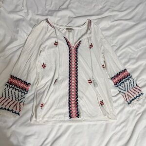 Lucky Brand White Top with Blue and Red Embroidery
